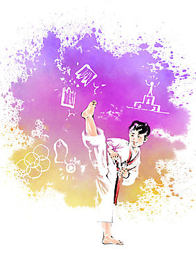 전신 PSD 남자 어린이 올림픽 일러스트 캘리그라피 붓터치 한명 서기 우승 킥 메달 태권도 번짐 격파 국내일러스트 1 스포츠 모션 사람 격투기 최고 상_상패 파일형식 효과