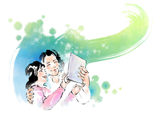 PSD 여자 어린이 일러스트 캘리그라피 붓터치 웃음 들기 상반신 성인 두명 책 번짐 국내일러스트 모션 표정 사람 파일형식 효과