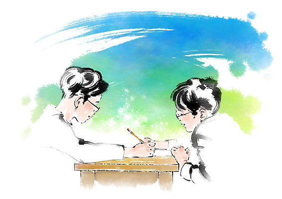 PSD 응시 남자 일러스트 캘리그라피 청소년 붓터치 앉기 상반신 두명 책상 번짐 국내일러스트 시선 가구 모션 사람 파일형식 효과