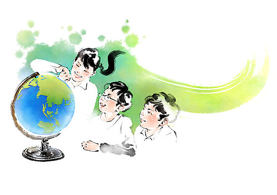 PSD 응시 여자 남자 어린이 일러스트 캘리그라피 붓터치 상반신 성인 세명 지구본 번짐 국내일러스트 시선 사람 파일형식 효과