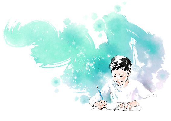 PSD 응시 남자 어린이 일러스트 캘리그라피 붓터치 한명 웃음 상반신 번짐 국내일러스트 1 시선 표정 사람 파일형식 효과