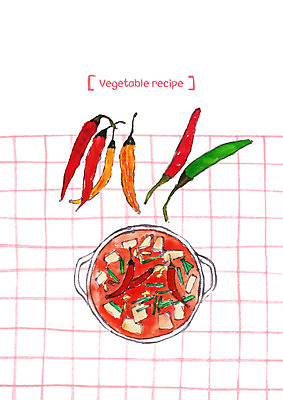 PSD 한식 채소 일러스트 사람없음 냄비 찌개 매움 두부 청양고추 고추장찌개 국내일러스트 음식 고추 맛 솥 파일형식