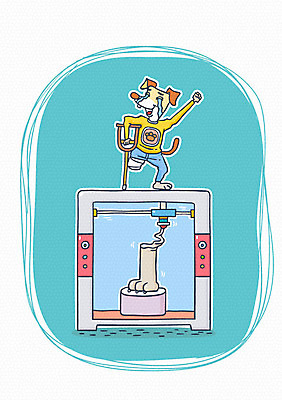 한마리 일러스트 정보기술 사람없음 강아지 인쇄기 입체 목발 의족 3D프린터 4차산업 국내일러스트 AI파일 1 산업 의료기기 기술 전자제품 반려동물 개 파일형식 벡터