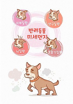 일러스트 사람없음 반려동물 강아지 호흡기질환 피부질환 뇌질환 눈병 반려 미세먼지 국내일러스트 AI파일 동물 개 질병 먼지 파일형식 벡터