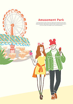 전신 PSD 커플 여자 남자 데이트 일러스트 아이스크림 두명 걷기 놀이공원 하트 즐거움 대관람차 국내일러스트 모양 감정 관계 모션 디저트 사람 테마파크 놀이기구 파일형식