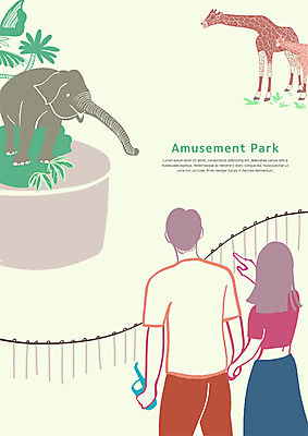 PSD 커플 여자 남자 데이트 일러스트 코끼리 동물원 세마리 상반신 두명 손잡기 놀이공원 가리킴 기린 즐거움 국내일러스트 감정 포유류 관계 모션 3 사람 손짓 테마파크 파일형식