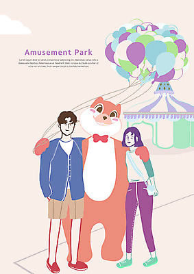 전신 PSD 커플 여자 남자 데이트 일러스트 어깨동무 서기 세명 놀이공원 즐거움 풍선 인형탈 국내일러스트 감정 포즈 관계 모션 사람 테마파크 탈 파일형식