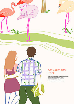 PSD 커플 여자 남자 데이트 여러마리 일러스트 동물원 상반신 두명 걷기 놀이공원 플라밍고 구경 즐거움 국내일러스트 감정 다수 관계 모션 조류 사람 테마파크 파일형식