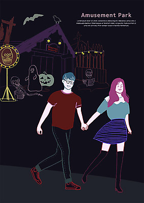 전신 PSD 커플 여자 남자 데이트 일러스트 해골 두명 걷기 손잡기 어둠 놀이공원 할로윈 즐거움 국내일러스트 감정 관계 모션 뼈 사람 테마파크 파일형식