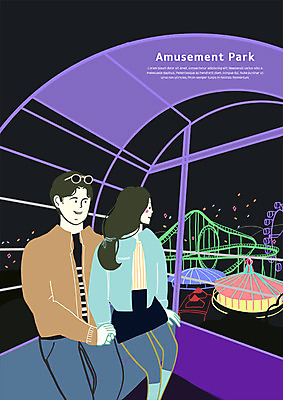 PSD 커플 여자 남자 야경 데이트 일러스트 앉기 상반신 두명 손잡기 놀이공원 로맨틱 즐거움 대관람차 국내일러스트 감정 컨셉 관계 모션 사람 테마파크 놀이기구 야간 파일형식 풍경_경치