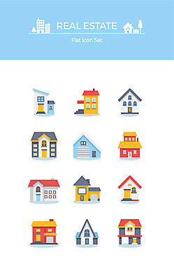 아이콘 부동산 주택 사람없음 세트 여러개 플랫아이콘 차고 집모양 2D아이콘 AI파일 모양 다수 건물 재산 파일형식 벡터