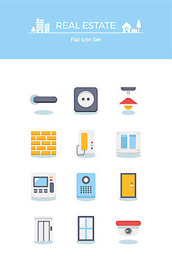 아이콘 창문 부동산 벽돌 전등 손잡이 사람없음 세트 초인종 콘센트 전기에너지 엘리베이터 플랫아이콘 현관문 스위치 감시카메라 인터폰 2D아이콘 AI파일 조명 문 카메라 에너지 종 재산 파일형식 벡터