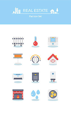 아이콘 부동산 사람없음 세트 물방울 온도계 난로 에어컨 플랫아이콘 벽난로 난방 계량기 환풍기 라디에이터 보일러 2D아이콘 AI파일 장비 가전제품 재산 난방기 파일형식 벡터