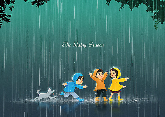 PSD 한마리 여자 남자 어린이 일러스트 세명 여름 비 강아지 우비 장마 빗줄기 어린이만 국내일러스트 자연요소 1 옷 계절 날씨 사람 반려동물 비_날씨 개 파일형식