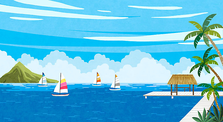 PSD 구름 바다 백그라운드 일러스트 산 사람없음 여름 파란색 야자수 선박 국내일러스트 자연요소 나무 계절 컬러 수상교통 파일형식
