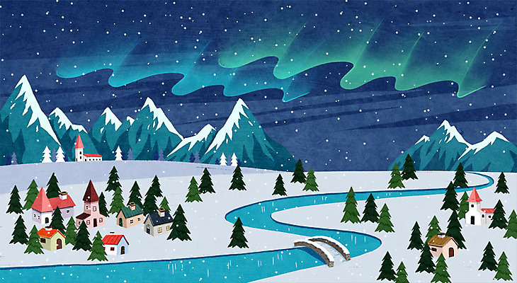 PSD 나무 백그라운드 겨울 일러스트 산 주택 사람없음 강 눈 오로라 겨울배경 국내일러스트 자연요소 식물 계절 자연현상 날씨 건물 파일형식