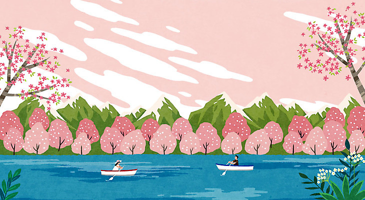 PSD 커플 여자 남자 백그라운드 데이트 일러스트 상반신 두명 강 봄 벚꽃 보트 카약 봄배경 국내일러스트 계절 꽃 배_교통 관계 사람 수상스포츠 파일형식