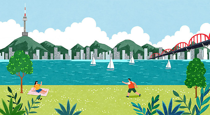 전신 PSD 나무 여자 남자 백그라운드 일러스트 산 잔디 두명 여름 소풍 한강 남산 한강다리 가교 선박 국내일러스트 식물 건축물 계절 수상교통 서울 사람 야외활동 다리_건축물 랜드마크 파일형식