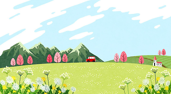 PSD 나무 꽃 백그라운드 일러스트 자동차 산 잔디 사람없음 봄 드라이브 벚꽃 봄배경 국내일러스트 식물 계절 육상교통 운전 파일형식