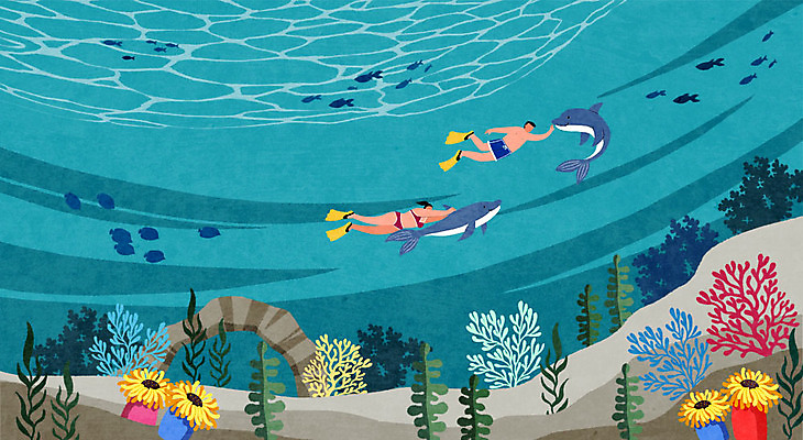 PSD 여자 남자 백그라운드 데이트 여러마리 일러스트 어류 두명 여름 바닷속 해조류 돌고래 스쿠버다이빙 국내일러스트 계절 다수 포유류 사람 수중 수중동물 수상스포츠 해양식물 파일형식