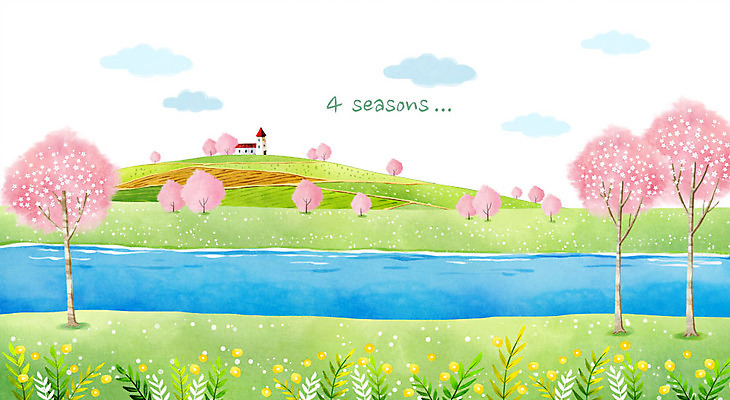 PSD 나무 꽃 백그라운드 일러스트 산 사람없음 강 봄 벚꽃 벚나무 봄배경 국내일러스트 식물 계절 파일형식