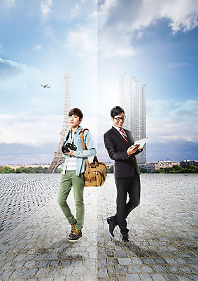 PSD 구름 편집이미지 남자 여행 가방 비행기 서기 들기 빌딩 20대 성인 두명 건물 옆모습 30대 카메라 한국인 비즈니스맨 비교 에펠탑 성인남자만 워라밸 이미지편집 자연요소 건축물 잡화 뷰포인트 컨셉 비즈니스 항공교통 모션 대중교통 사람 동양인 청년 장년 전자제품 직장인 파리 신조어 랜드마크 남자만 성인만 파일형식