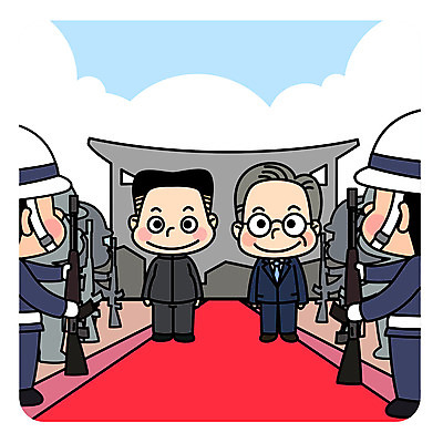 전신 남자 일러스트 미소 여러명 성인 평화 군인 총 사회이슈 대통령 정상회담 통일 남북회담 국내일러스트 AI파일 직업 무기 다수 컨셉 회의 표정 사람 경제 국군 파일형식 벡터