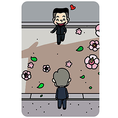 전신 남자 일러스트 미소 성인 두명 평화 하트 사회이슈 무궁화 대통령 정상회담 통일 판문점 남북회담 국내일러스트 AI파일 모양 꽃 컨셉 회의 표정 사람 경제 파주 파일형식 벡터