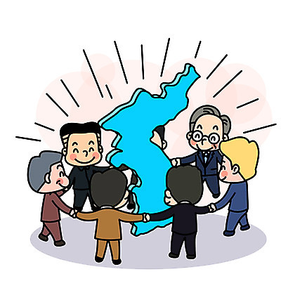 전신 남자 일러스트 미소 여러명 성인 평화 손잡기 사회이슈 즐거움 대통령 정상회담 통일 한반도기 남북회담 국내일러스트 AI파일 감정 다수 컨셉 모션 회의 표정 사람 경제 깃발 파일형식 벡터