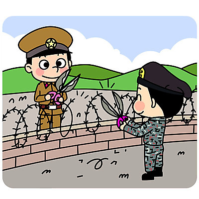전신 남자 일러스트 가위 성인 두명 평화 군인 자르기 사회이슈 철조망 가시철조망 북한군 정상회담 통일 남북회담 국내일러스트 AI파일 직업 컨셉 모션 회의 문구용품 사람 경제 국군 파일형식 벡터