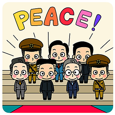 전신 남자 일러스트 서기 미소 여러명 성인 평화 군인 사회이슈 즐거움 대통령 정상회담 통일 남북회담 국내일러스트 AI파일 직업 감정 다수 컨셉 모션 회의 표정 사람 경제 국군 파일형식 벡터