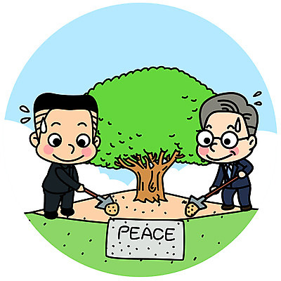 전신 나무 남자 일러스트 성인 두명 평화 흙 삽 사회이슈 땀 대통령 삽질 정상회담 통일 남북회담 국내일러스트 AI파일 식물 컨셉 회의 사람 경제 파일형식 벡터