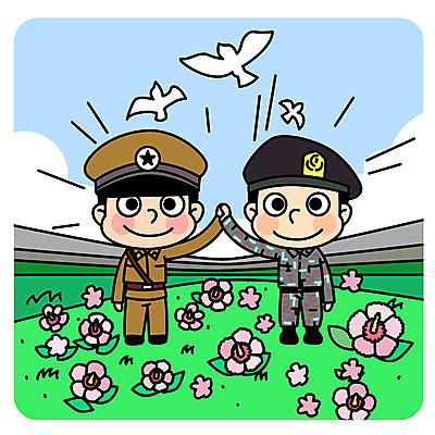 전신 남자 여러송이 일러스트 세마리 미소 성인 두명 평화 손잡기 군인 사회이슈 무궁화 백비둘기 북한군 정상회담 통일 남북회담 국내일러스트 AI파일 직업 꽃 다수 컨셉 모션 회의 표정 3 사람 경제 비둘기 국군 파일형식 벡터