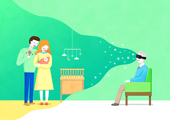 전신 PSD 부부 여자 노년 남자 의자 일러스트 사람 앉기 여러명 성인 아기 손주 딸랑이 모빌 아기침대 가상현실 VR기기 국내일러스트 커플 가구 다수 가족 모션 기계 아기용품 침대 파일형식