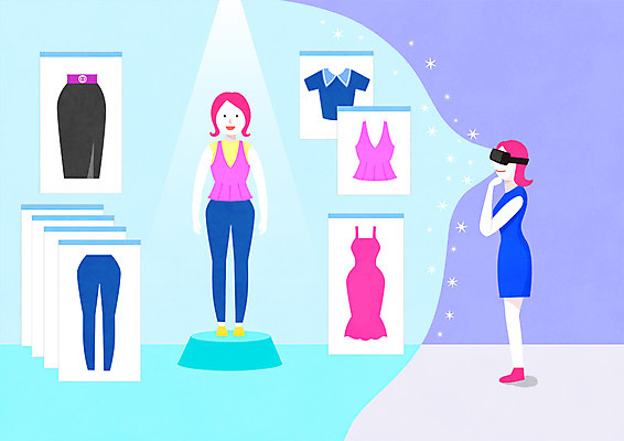 전신 PSD 드레스 원피스 여자 상의 일러스트 바지 조명 서기 사람 성인 두명 치마 선택 가상현실 성인여자만 VR기기 국내일러스트 옷 컨셉 모션 하의 기계 여자만 성인만 파일형식