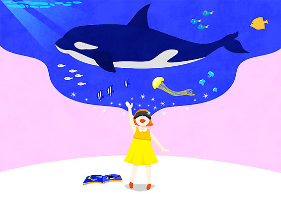 전신 PSD 여자 어린이 여러마리 일러스트 어류 한명 미소 사람 책 손들기 바닷속 고래 열대어 즐거움 해파리 가상현실 소녀한명만 VR기기 국내일러스트 1 감정 다수 포유류 모션 표정 수중 수중동물 기계 자포동물 여자한명만 소녀만 파일형식