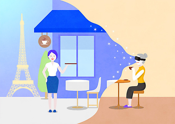 전신 PSD 나무 여자 유럽 커피 일러스트 창문 탁자 서기 사람 앉기 성인 두명 카페 프랑스 마시기 에펠탑 서빙 차양 가상현실 여자만 VR기기 국내일러스트 식물 나라 음료 가구 모션 상점 기계 파리 랜드마크 파일형식