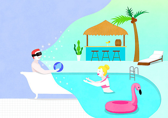 PSD 여자 남자 화분 일러스트 수영장 욕조 사람 상반신 성인 두명 여름 비키니 야자수 칵테일 선술집 비치볼 휴양지 선베드 튜브 가상현실 성인만 VR기기 국내일러스트 나무 계절 수영복 의자 공 바캉스용품 주류 기계 장소 술집 파일형식