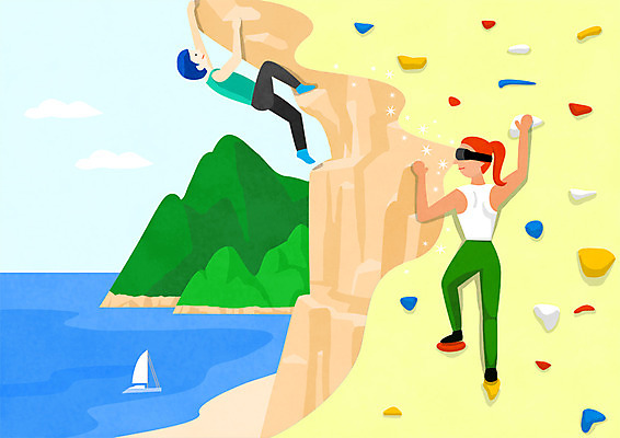 전신 PSD 여자 남자 바다 섬 요트 일러스트 사람 성인 두명 잡기 오르기 클라이밍 가상현실 성인만 VR기기 국내일러스트 배_교통 모션 기계 등반 파일형식