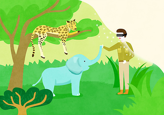 전신 PSD 나무 한마리 남자 일러스트 코끼리 한명 미소 사람 성인 인사 숲 손내밀기 풀숲 표범 가상현실 VR기기 국내일러스트 식물 1 포유류 표정 손짓 기계 예절 파일형식