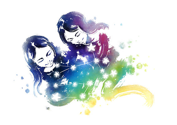 PSD 여자 별 일러스트 캘리그라피 붓터치 사람 상반신 두명 별자리 번짐 쌍둥이자리 국내일러스트 자연요소 파일형식 효과
