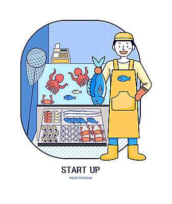 전신 남자 여러마리 일러스트 조개 어류 한명 미소 들기 사람 성인 앞치마 꽃게 뜰채 소라 오징어 창업 고무장갑 갈치 생선가게 포스기 국내일러스트 AI파일 1 장갑 다수 모션 어패류 연체동물 표정 상점 수중동물 기계 게 낚시용품 자영업 고무 파일형식 벡터