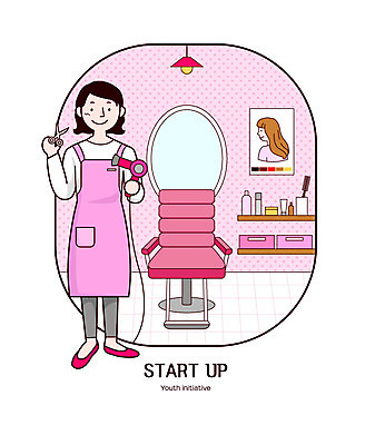 전신 여자 포스터 의자 일러스트 전등 한명 사람 성인 앞치마 거울 머리빗 미용용품 미용실 드라이어 미용사 창업 미용가위 국내일러스트 AI파일 직업 1 가구 조명 가위_도구 뷰티샵 오브젝트 자영업 파일형식 벡터
