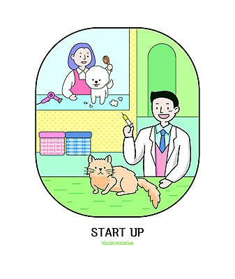 한마리 여자 남자 일러스트 주사기 미소 사람 상반신 성인 두명 반려동물 고양이 머리빗 강아지 드라이어 창업 동물병원 수의사 반려 애견미용 애견미용사 국내일러스트 AI파일 동물 1 포유류 의료기기 표정 병원 뷰티 의사 미용용품 개 미용사 자영업 파일형식 벡터