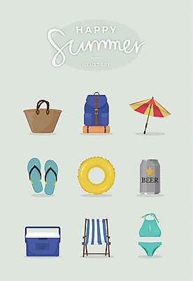 일러스트 배낭 슬리퍼 바캉스용품 맥주 사람없음 여름 세트 비키니 파라솔 선베드 튜브 캔맥주 아이스박스 비치백 국내일러스트 AI파일 계절 수영복 신발 의자 가방 주류 캔 오브젝트 파일형식 벡터 가방_잡화