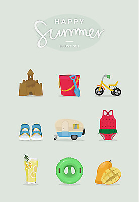 수영복 일러스트 슬리퍼 사람없음 여름 세트 레몬주스 양동이 모래성 망고 튜브 캠핑카 모래삽 세발자전거 국내일러스트 AI파일 옷 계절 모래 신발 자동차 자전거 과일주스 삽 열대과일 파일형식 벡터