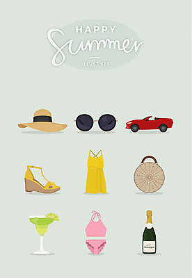 원피스 여행 일러스트 사람없음 여름 세트 비키니 선글라스 와인 칵테일 샌들 오픈카 비치백 챙모자 국내일러스트 AI파일 모자_잡화 옷 계절 수영복 안경 신발 승용차 주류 파일형식 벡터 가방_잡화