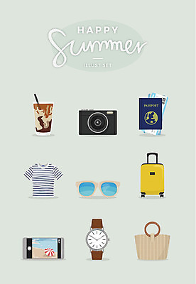여행 티셔츠 일러스트 사람없음 여름 스마트폰 세트 선글라스 카메라 캐리어 반팔티셔츠 손목시계 여권 아이스커피 비치백 국내일러스트 AI파일 계절 안경 커피 시계 셔츠 장신구 전자제품 핸드폰 스마트기기 여행가방 파일형식 벡터 가방_잡화