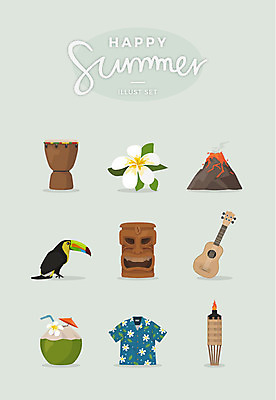 여행 티셔츠 일러스트 사람없음 여름 세트 우쿨렐레 북 화산 하와이 탈 플루메리아 코코넛주스 큰부리새 하와이안 횃불 국내일러스트 AI파일 계절 패션 꽃 셔츠 조류 현악기 타악기 산 가면 미국 주스 도구 코코넛 파일형식 벡터