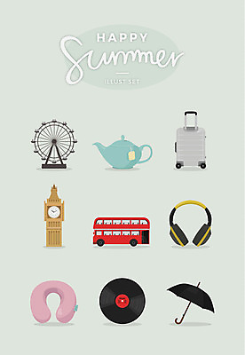 음악 여행 일러스트 우산 주전자 영국 사람없음 여름 세트 캐리어 헤드셋 음반 대관람차 빅벤 이층버스 목베개 국내일러스트 AI파일 계절 유럽 음향기기 주방용품 문화예술 버스 여행가방 헤드폰 놀이기구 시계탑 런던 파일형식 벡터